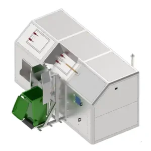 Compostadora acelerada KCA con elevador de contenedores y tolva – vista 3D